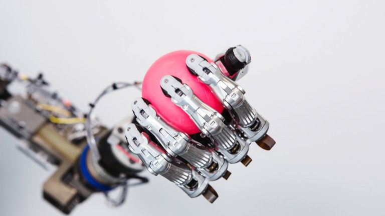Hand of the hydraulically controlled robot Tino, programmed to learn like a child, by combining its vision and its movement.